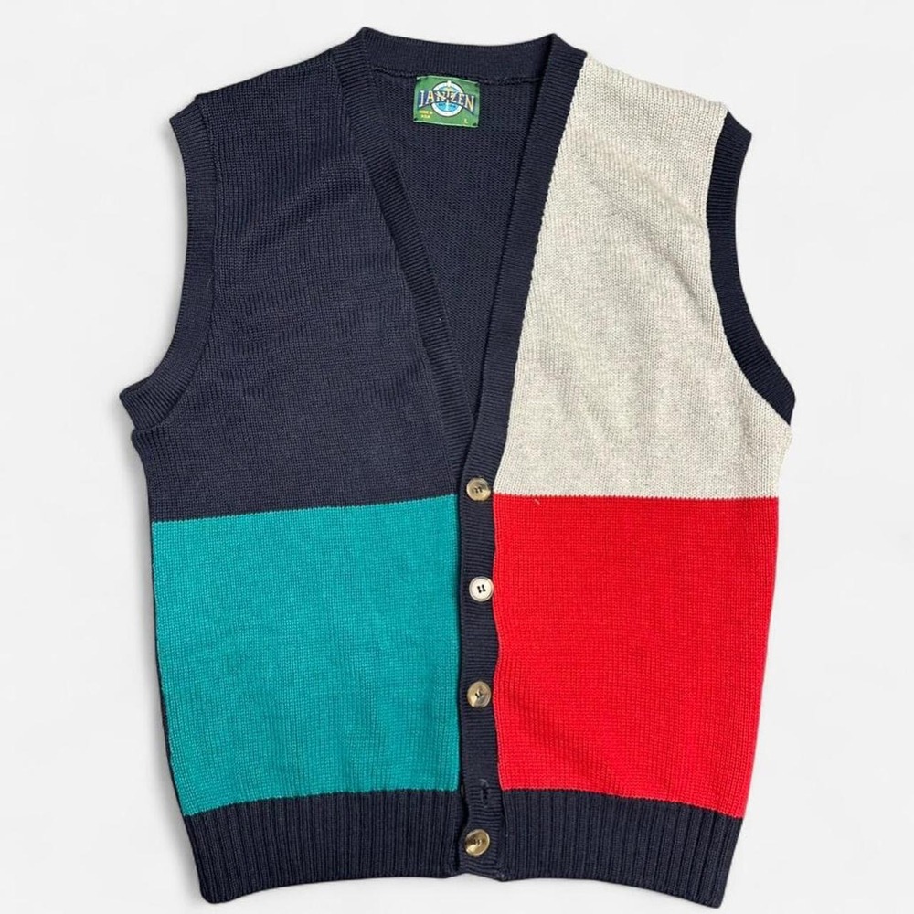 Vintage Janzen Sweater Vest L Multi Colorblock Coastal Preppy Retro Made in USA